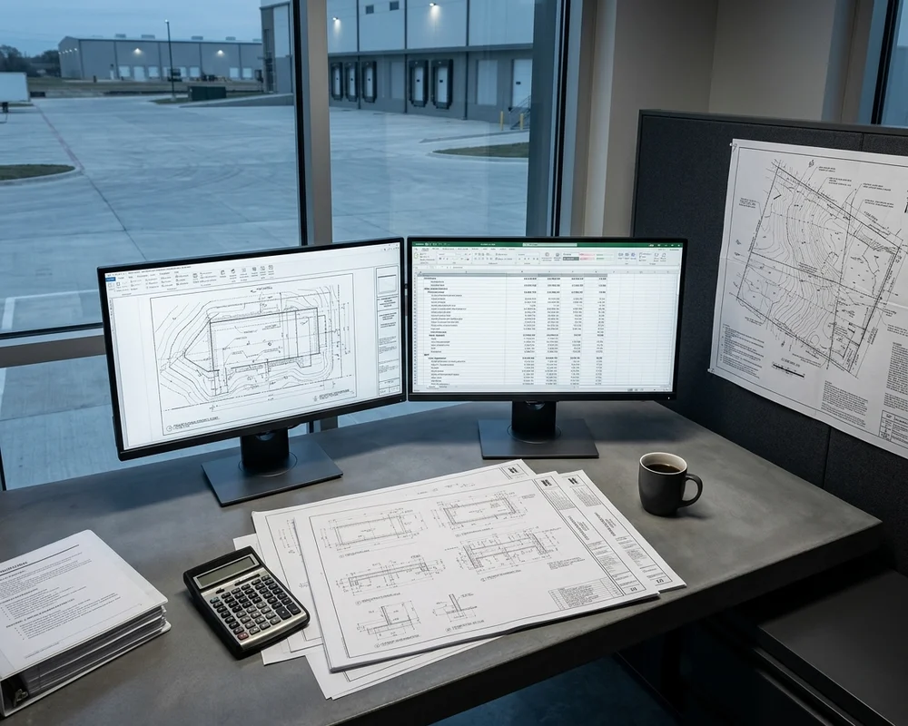 Estimator’s desk with drawings, a takeoff on screen, and a cost spreadsheet