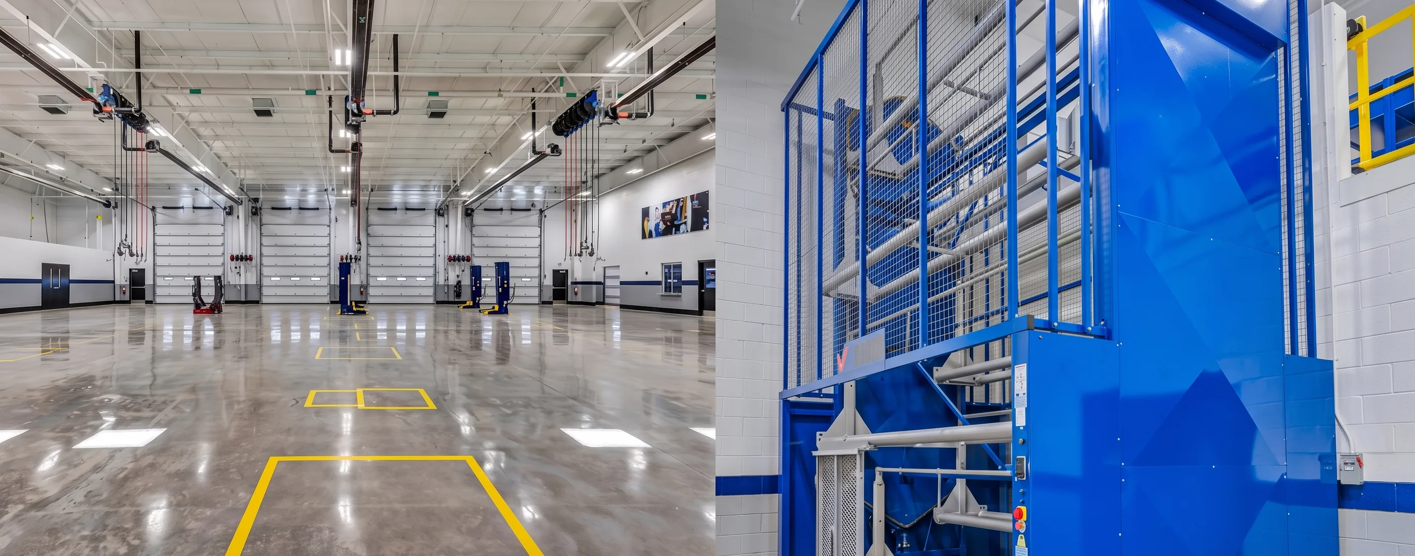 Service shop interior with five bays, lifts, and overhead reels